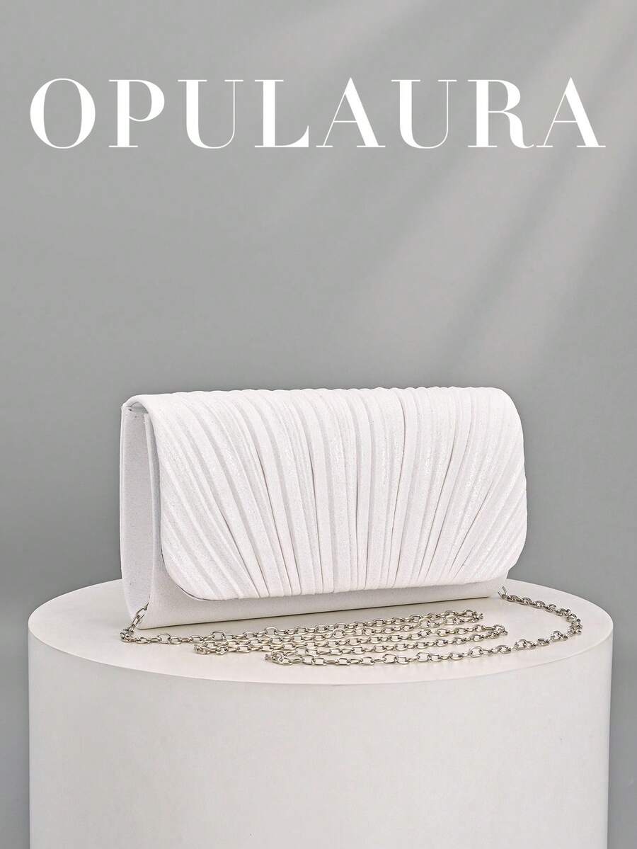 OpulAura 1件裝白色時尚亮面翻蓋晚宴包 高級奢華PU皮革派對手拿包 低調奢華閃亮晚宴包 禮服包 金屬感皮革女包 歐美風信封鏈條包 斜跨包 適合舞會、派對、雞尾酒會、生日派對禮服搭配、生日禮物、新娘手拿包 - 白色 - 查看 1