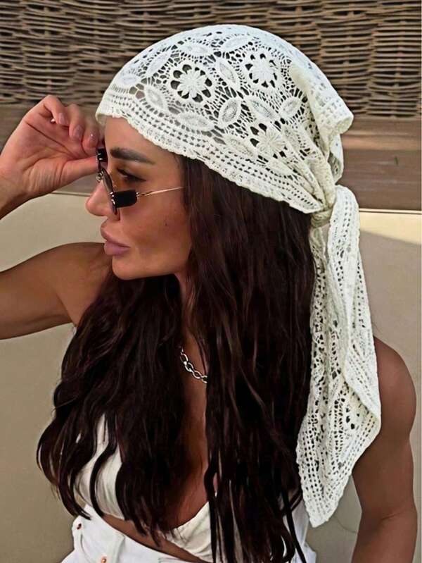 1pc White Lace Crochet Headscarf, Floral Knit, Breathable & Sun Protection, Bohemian Style, Suitable For Beach Vacation And Daily Wear