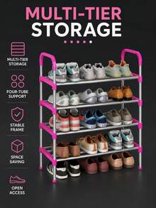 1pc Multi-Layer Steel Tube Shoe Rack, 3-4-5 Layers Adjustable Reinforced Sturdy Shoe Storage Organizer, With Handle, Space-Saving Portable, Suitable For Entryway, Bedroom, Dorm, Small Apartment, Mudroom, Closet, Garage, Home, Easy To Assemble - Pink - View 7