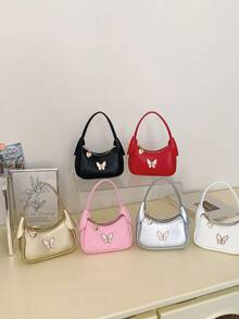 Sweet Mini Handbag For Girls, Fashionable New Butterfly Metal Decor Tote Bag, Zipper Closure PU Versatile Small Bag, Suitable For Daily Use - A - View 2