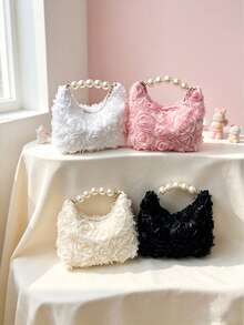 Sweet Floral Lace Hobo Bag, Faux Pearl Beaded Handle Mini Clutch, Cute Sweet Evening Party Handbag - Multicolor - View 5