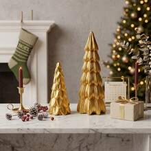 Modern Minimalist Luxury Matte Gold Christmas Tree Statue - Pine Cone And Pleated Countertop Decor, Holiday And Home Gift - A Pair Of Golden Christmas Trees - View 1