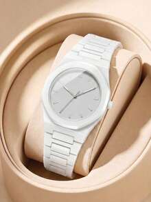 4PCS Men's White Watch Set, One-Piece White Resin Strap, Minimalist Casual Style, Octagonal Minimalist Dial, Paired With Men's Bracelet, Men's Ring, Men's Crystal Pendant Necklace Full Set Of Men's Accessories, Suitable For Summer Wear, Birthday, Valentine's Day, Father's Day Gift, Luxury Gift For Boyfriend Or Son - White - View 3