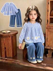 Autumn/Winter Baby Girl Cute & Stylish Blue & White Plaid Daisy Loose Set & Spring/Autumn New Puff Sleeve Top & Embroidered Denim Wide Leg Pants Outwear - Baby Blue - View 2