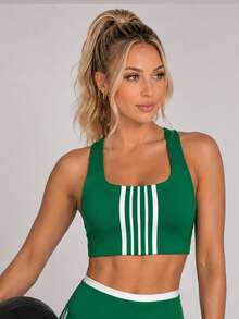 Sodalemon Women's Colorblock Striped Hollow-Out Racerback Sports Bra, Wide Strap Fitness Bra, Suitable For Yoga, Gym And Daily Fitness - Green - View 4