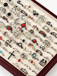 15/25Pcs/Lot Vintage Punk Colorful Stones Men Women Rings Spider Skeleton Bat Random Styles Festival Party Gifts For Friends Daily Wearing Accessories - Vintage Black Stone Flower Gun Black Punk Ring - View 4