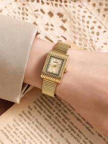 LIANDU 1 Elegant Ladies' Watch, Stainless Steel Square Dial Retro Watch, Daily Wear, Fashionable Casual Gorgeous Style, Perfect Choice For Holiday Gifts - Gold - View 3
