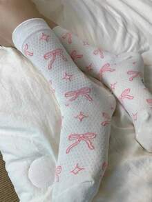 1 Pair Cute & Playful Pink Bow Print Cowhide Material Socks, Casual Style Socks, Chic Daily Wear Socks, Fashionable Daily Wear Socks, Moisture-Wicking & Breathable, Suitable For Daily Wear, Home Sports, Office Attire, Cute Cartoon Design, Applicable For All Seasons And Various Holidays - Multicolor - View 4