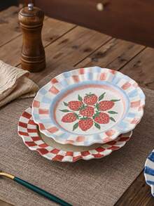 Vintage Wavy Edge Ceramic Jewelry Tray, Hand-Painted Fruit Print With Checkerboard Border, Retro Spotted Decorative Jewelry Dish, Desktop Ring & Earring Storage Rack, Vanity Home Decor - Multicolor - View 3