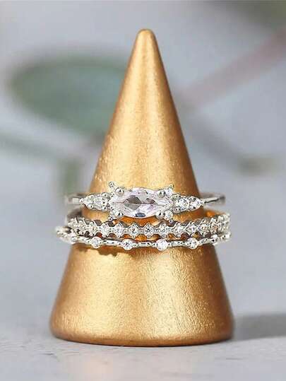 3pcs Set Luxurious Cubic Zirconia Stone Rings, Suitable For Women, Ideal For Wedding, Engagement, Anniversary Party, Valentine's Day Gift