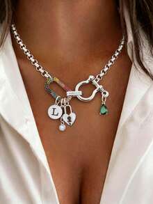 1pc Silver Letter Necklace, Luxury Oval Double Buckle Heart-Shaped Lock Diamond Pendant Necklace, Exquisite Holiday Party Gift For Women - Silver - View 13