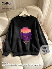 Children's Crew Neck Sweatshirt, Soft Sunset Mountain Landscape Print Pure Cotton Pullover, Soft Casual Long Sleeve Top - Black - View 9