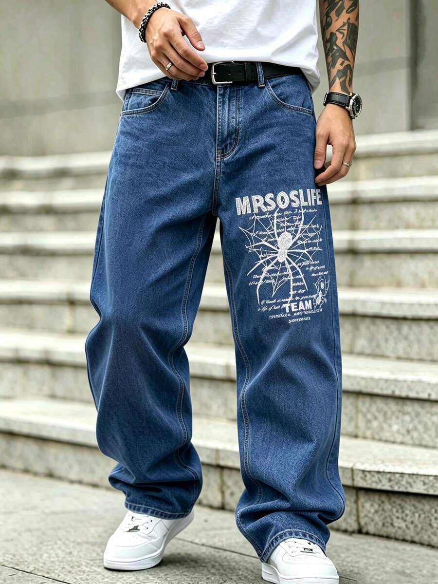 Men's Gothic Spider & Letter Embroidered Wide Leg Jeans, Vintage Washed Loose Fit Denim Pants - Blue - View 1