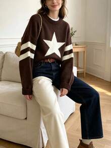 Vintage Brown Base Large Five-Point Star Striped Sleeve Crew Neck Loose Knit Sweater Women Autumn Winter Lazy Pullover - Coffee Brown - View 1
