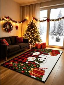1pc Plaid Background With 2 Snowmen Christmas Tree Rectangular Crystal Velvet Rug, Christmas, Decorative Rug, Bedroom Decor, Large Rug, Rug, Home Decor, Living Room Rug, Living Room Small Rug, Bedroom Rug, Living Room Home Decor, Outdoor Rug, Washable Rug - Multicolor - View 3