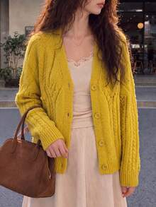 Women's Autumn/Winter Casual Cute Elegant Youthful Soft Delicate Textured V-Neck Cardigan Jacket - Yellow - View 4