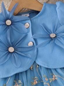 2pcs Baby Girl Cute Mori Style 3D Flower Short Jacket & Dress Set With Beret Hat, Elegant Princess Style - Blue - View 4