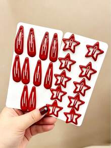 20pcs Fashion Minimalist Red Five-Pointed Star Water Drop Hair Clips, Versatile Daily Wear, Suitable For Girls' Everyday And Holiday Hair Accessories - Red - View 7