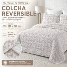 Reversible Geometric Quilt Set In Beige And White, Lightweight Bedspread With Matching Pillow Shams, Available For 90 And 150 Beds, LIA Series - Beige - View 1
