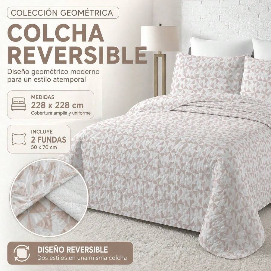Reversible Geometric Quilt Set In Beige And White, Lightweight Bedspread With Matching Pillow Shams, Available For 90 And 150 Beds, LIA Series - Beige - View 1