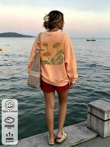 Women's Peach Pullover Sweatshirt With SunflowerPrint, Rib-Knit Details,Round Neck, Long Regular Sleeves,Medium StretchKnitted FabricFall Outfits - Hami Melon Orange - View 9