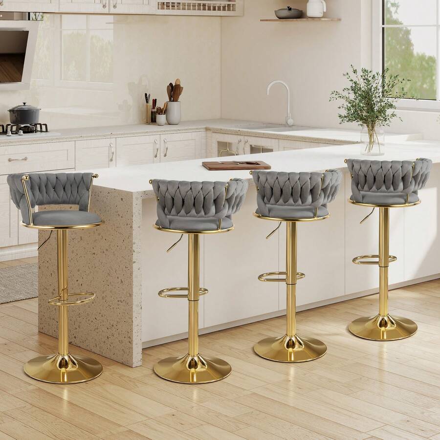 Nalupatio Set Of 4 Luxurious Bar Stools With Velvet Upholstery, Backrest & Footrest – Height Adjustable & Swivel, With Gold Metal Base - Dark Gray - 4-piece Set - View 1