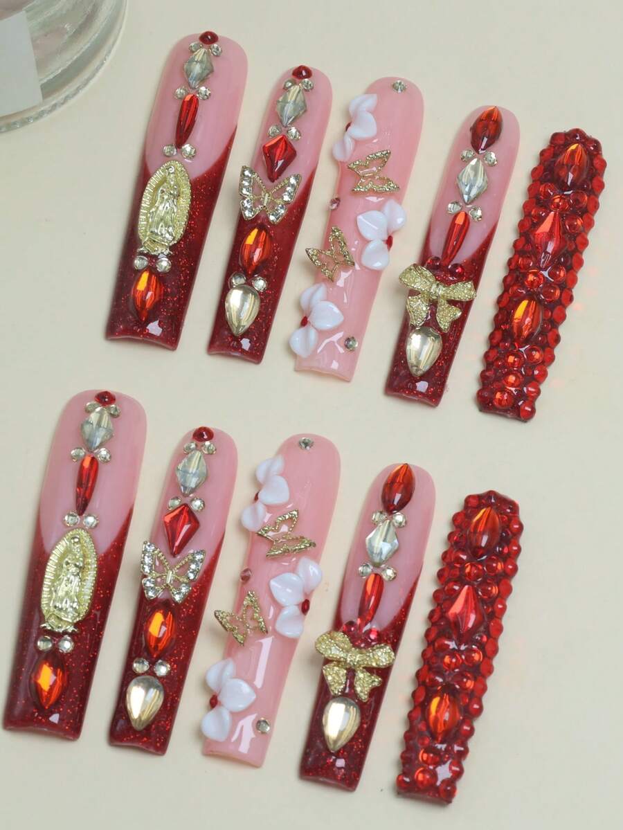 CrystalHola 10 Pcs Handmade Wearable False Nails, Long Ballet, 3D Rhinestones, French Tip Nails. Fully Covered And Reusable, Suitable For Parties, Music Festivals, And Other Events, It Is The First Choice For Girls And Women To Give Gifts, Christmas Nails.
