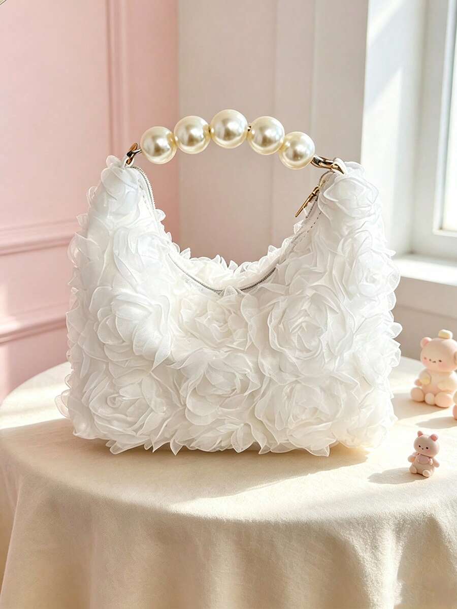 Sweet Floral Lace Hobo Bag, Faux Pearl Beaded Handle Mini Clutch, Cute Sweet Evening Party Handbag - Multicolor - View 1