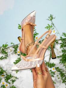 Women Pointed Toe Lace Slingback Heels, Bow Decor T‑Strap Adjustable Buckle Metallic Flared Heel Pumps, Elegant Evening Party Dress Sandals - Apricot - View 6