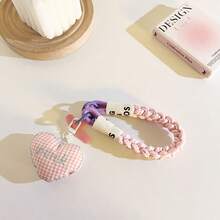 1pc Niche Personalized Pink Plaid Heart Pendant Phone Case Lanyard Short Wrist Strap Bag Charm Nylon Rope Universal Phone Lanyard - Multicolor - View 5