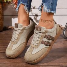 New Fashion Colorblock Women's Flat Round Toe Lace-Up Casual Shoes, Sports Lace-Up Home Wear - Khaki - View 4