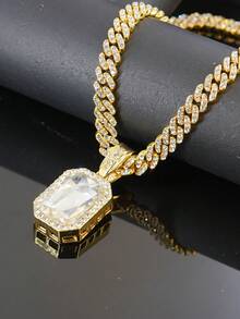 Rectangular Large Gemstone Pendant Full Diamond Cuban Necklace, Octagonal Main Stone Rhinestone Pendant, Hip Hop Ice Diamond Accessory, Unisex Rap Street Party Jewelry - Gemstone Pendant Necklace - View 5