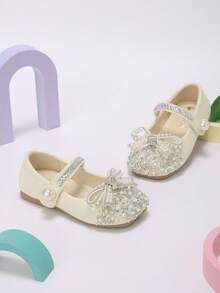 Girls' Cream White Exquisite Pearl & Rhinestone Bow Mary Jane Shoes, Suitable For Autumn Banquet And Holiday Party Outfits - Beige - View 2