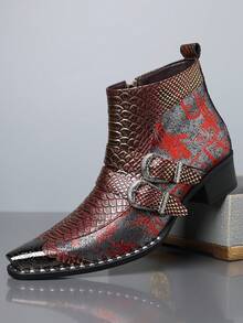 QRLQRL Men's Colorblock Printed Patchwork Short Boots, Autumn/Winter Metallic Toe Cap Double Carved Buckle Chunky Heel Shoes, Bar Exhibition Outing Personalized Men's Footwear - Red - View 2
