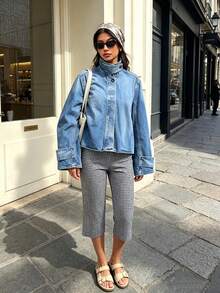 DEEKA Spring/Summer New Women's Fashion European And American Style Minimalist High Collar Denim Jacket Casual - Blue - View 1