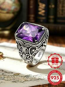 S925 Sterling Silver Vintage Scroll Carved Square Purple Zirconia Men's Wide Ring, Distressed Relief Design, Personalized Ring Gift Box Set - Silver - View 14