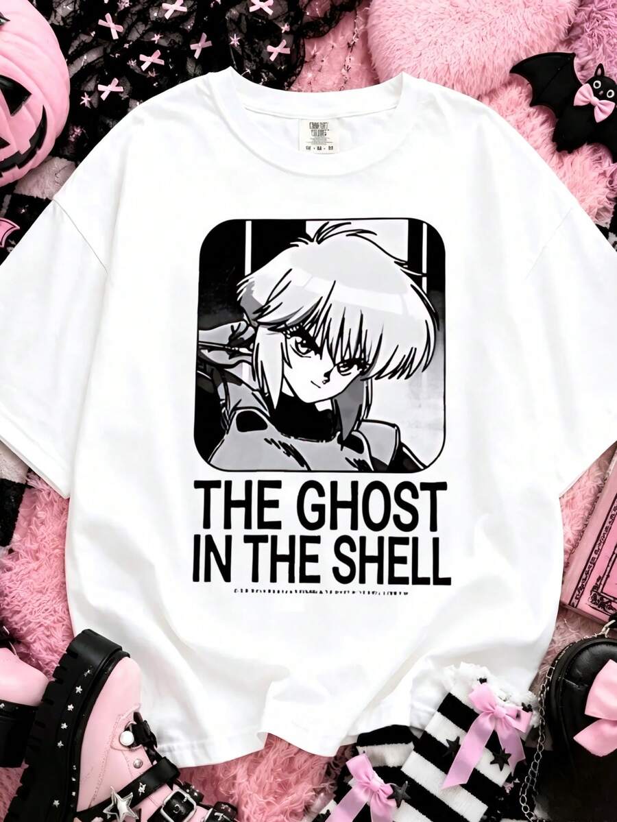 Retro Anime Slogan Cotton Blend Unisex Tee, Motoko Pattern, Daily Hangout Summer Top, Creative Gift - White - View 1