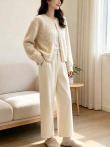 Women's Round Neck Knit Cardigan Sweater Jacket, Loose Fit, New Autumn/Winter Outerwear Top - Floral Apricot - View 1