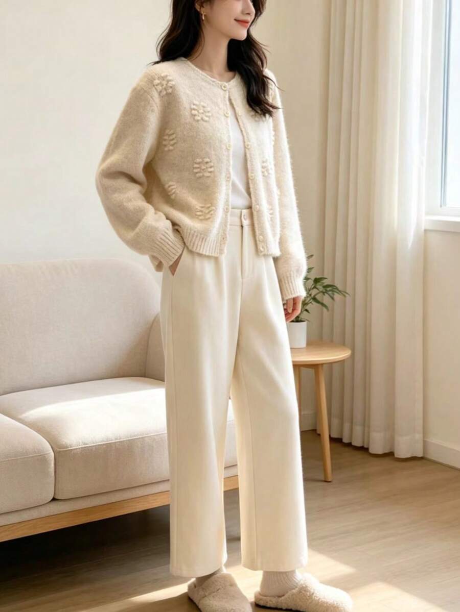 Women's Round Neck Knit Cardigan Sweater Jacket, Loose Fit, New Autumn/Winter Outerwear Top - Floral Apricot - View 1
