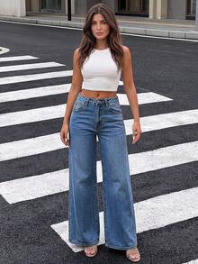Elegant & Casual Women's Wide Leg Jeans, Denim Fabric, Solid Color Washed, Full Length, Medium Stretch Spring Fall - Dark Wash - View 2