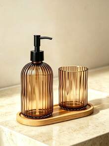 1 Set Soap Dispenser + Toothbrush Holder + Tray 3-In-1 Bathroom Set, Striped Glass Material, Bathroom Accessories Set, Refillable Lotion Dispenser Bottle, Bathroom Decor Accessories - Brown - View 5