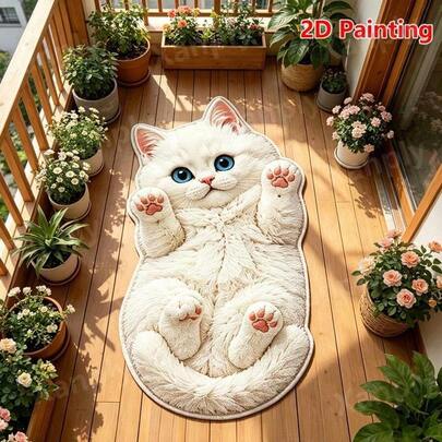 1pc Cute Slouchy White Cat Pattern Asymmetrical Carpet, Bedroom Girl Decor Bed Rug, Fashion Style Carpet, Personalized Home Decor Carpet, Bedroom Decor, Small Carpet, Creative Fashion Carpet, Living Room Carpet, Living Room Small Carpet, Bedroom Carpet, Outdoor Carpet, Washable Carpet, Entryway Hallway Stair Mat, Exquisite Carpet, Gift For Friends