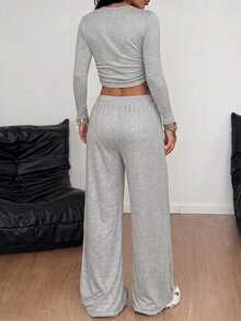 Women's Round Neck Long Sleeve Cropped Top & Drawstring Sweatpants Set, Casual Style Two Pieces Loungewear, Simple Regular Outfit Suit - Light Grey - View 4