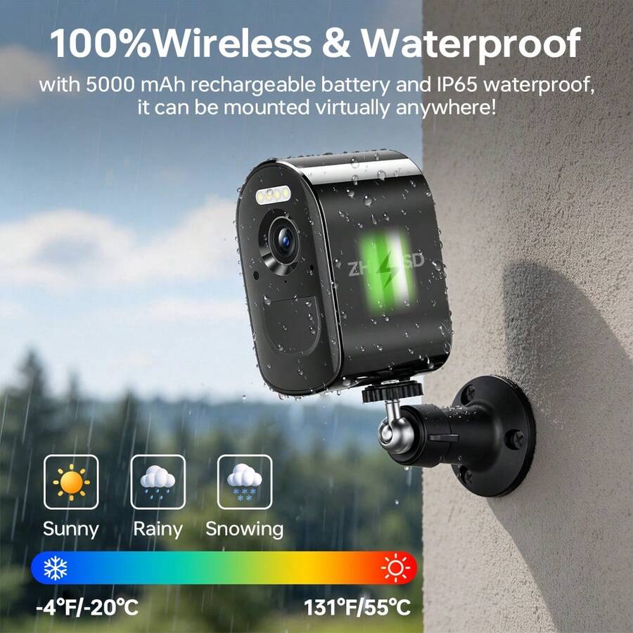 ZHXINSD Wireless Security Camera, Outdoor Battery Security Camera 4MP , 2.4/5G WiFi CCTV Surveillance Camera, PIR AI Motion Detection, Light & Sound Alarm, 2-Way Audio, Real-Time Alerts, TF Card/Cloud Storage, IP65 Waterproof,For Farm/Backyard/Yard Camera - Black - View 1