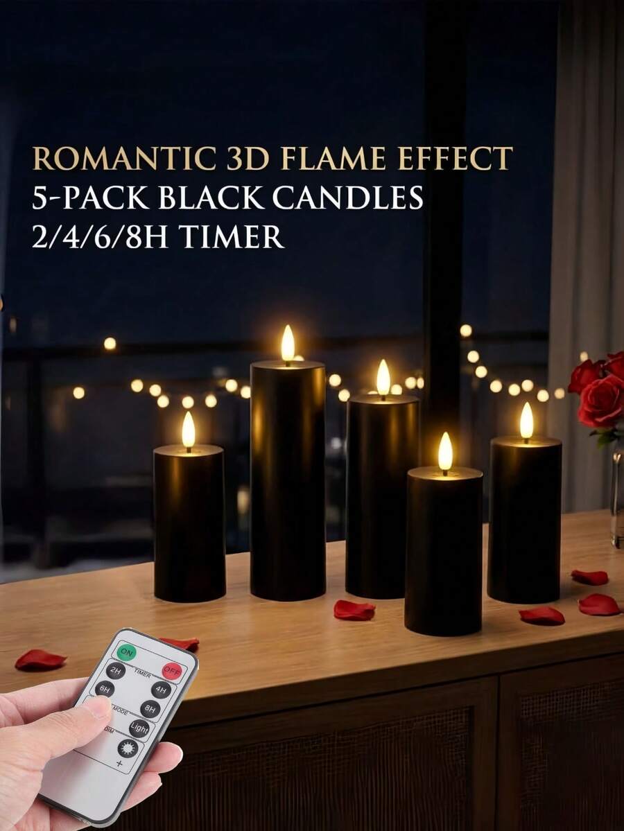 5 piezas de velas sin llama, velas LED falsas a pilas con control remoto y temporizador, adecuadas para bodas, cumpleaños, Halloween, Navidad, decoración gótica (negro)