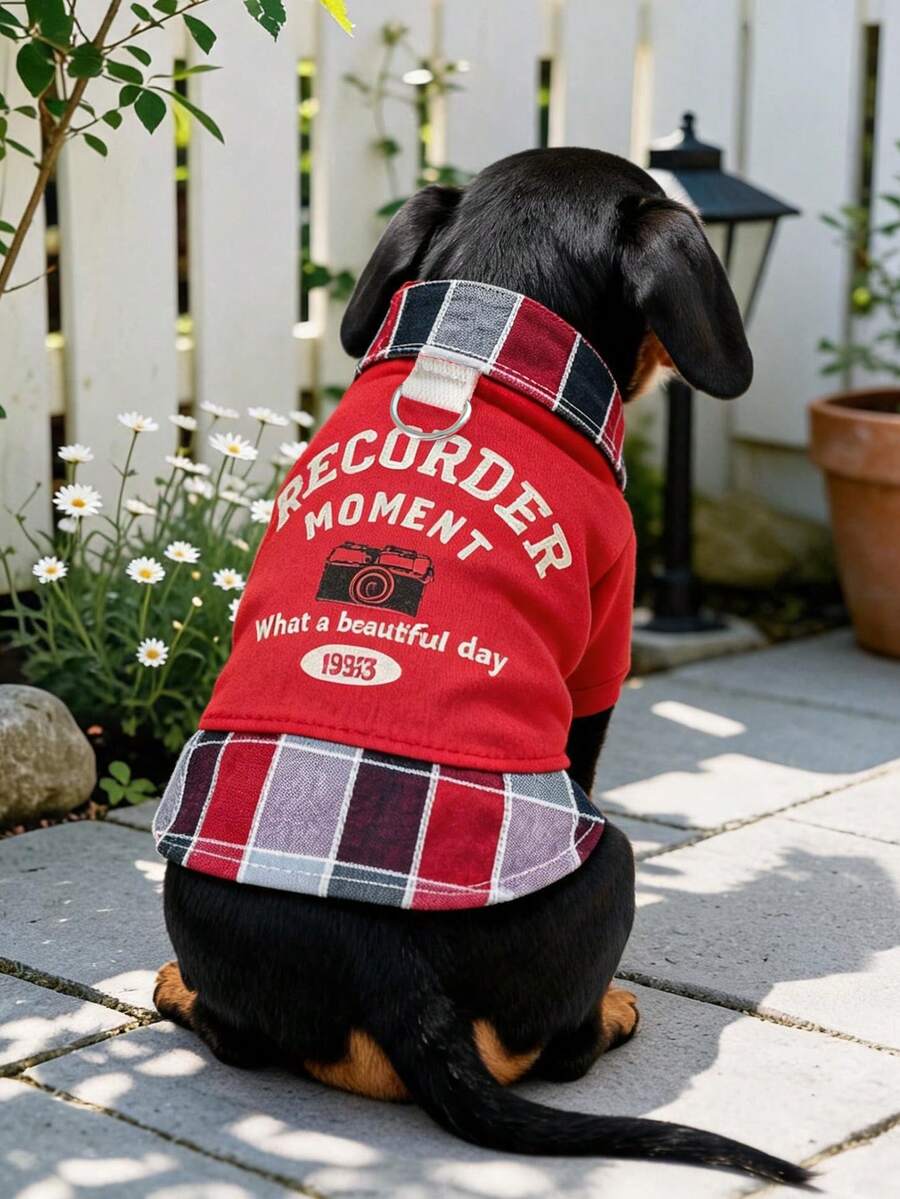 1pc Pet Clothes Dog Cat Cute Pet Apparel Autumn/Winter Lapel Patchwork Design Camera 2 In 1 Sweatshirt - Red - View 1