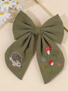 1pc Girls Bow Hair Clip, Olive Green Fabric Embroidered Hedgehog Mushroom Floral Decor Hairpin, Party & Daily Hair Accessory - Multicolor - View 8