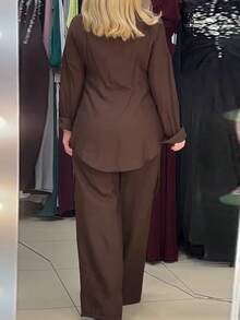 Women's Casual Commute Lapel Long Sleeve Design Tie Waist Shirt + Loose Wide Leg Pants 2 Pieces Set, Solid Color Front Button Tie Shirt And Long Pants Outfit, Suitable For Commute, Daily Wear And Date - Brown - View 3