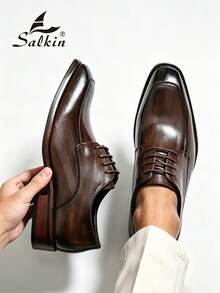 Salkin 經典復古設計師男士正裝鞋 繫帶德比皮鞋 平價奢華 適合現代生活 布洛克軟皮尖頭正裝鞋 男士商務社交鞋 優雅紳士 日常辦公 派對 婚禮 新郎 適合情侶約會 浪漫晚餐 節日禮物 開學季學生鞋 學院風 全季節 請選擇大一號 - 鏽棕色 - 查看 1