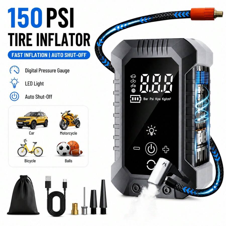 Portable Tire Inflator, Cordless Air Compressor, Rechargeable Electric Tire Pump, 150PSI Fast Inflation With Digital Pressure Gauge & Auto Shut-Off, For Cars, Motorcycles, Bicycles & Balls, 7.4V 2000mAh - Wireless - View 1
